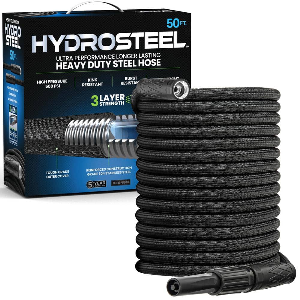 5/8 in. Dia x 50 ft. Heavy-Duty Flexible Lightweight Stainless Steel 3-Layer Metal Water Hose - Hercitys
