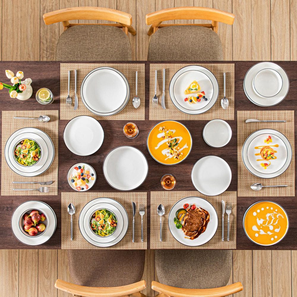 24-Piece White Color Black Rim Porcelain Dinnerware Set Service for 6 Tableware Bowls and Plates Dinner Set - Hercitys
