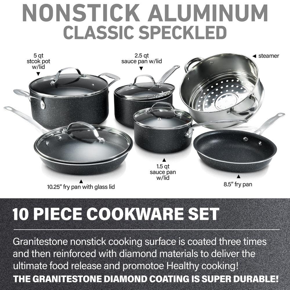 10-Piece Aluminum Ultra-Durable Non-Stick Diamond Infused Cookware Set with Glass Lids - Hercitys