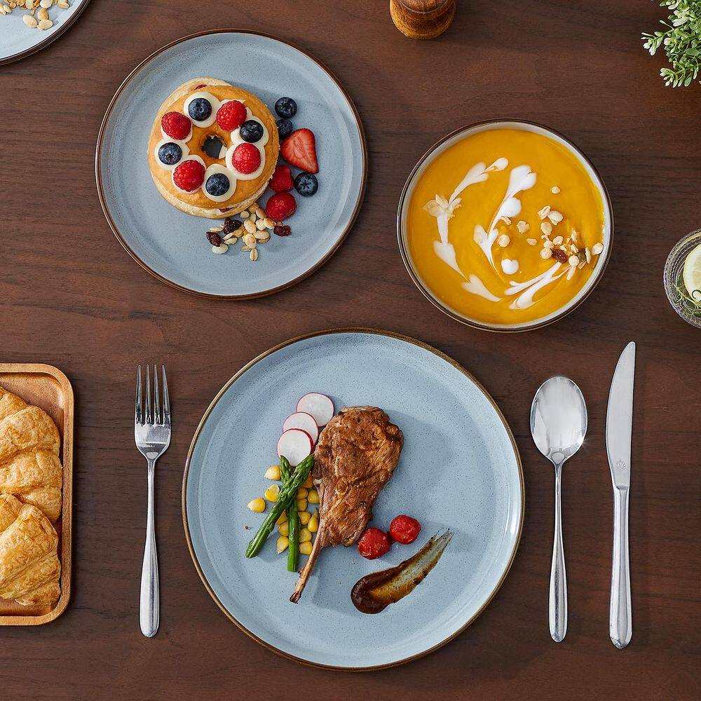 18-Piece Blue Stoneware Dinnerware Set (Service for 6) Sesame Speckles Pattern Dinner Plates Dessert Plates and Bowls - Hercitys