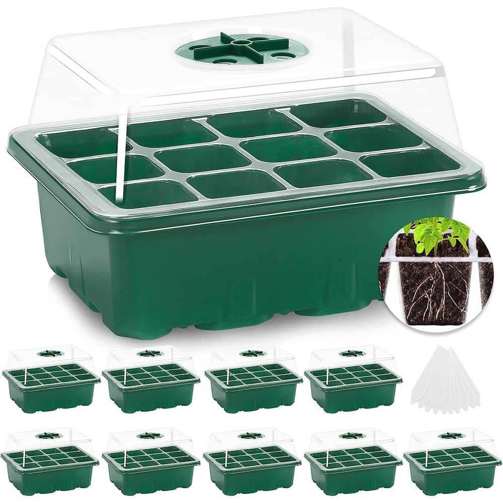 10-Pack Seed Starter Tray Kit with Humidity Dome 120 Cells Total Mini Greenhouse Germination for Seeds Growing - Hercitys
