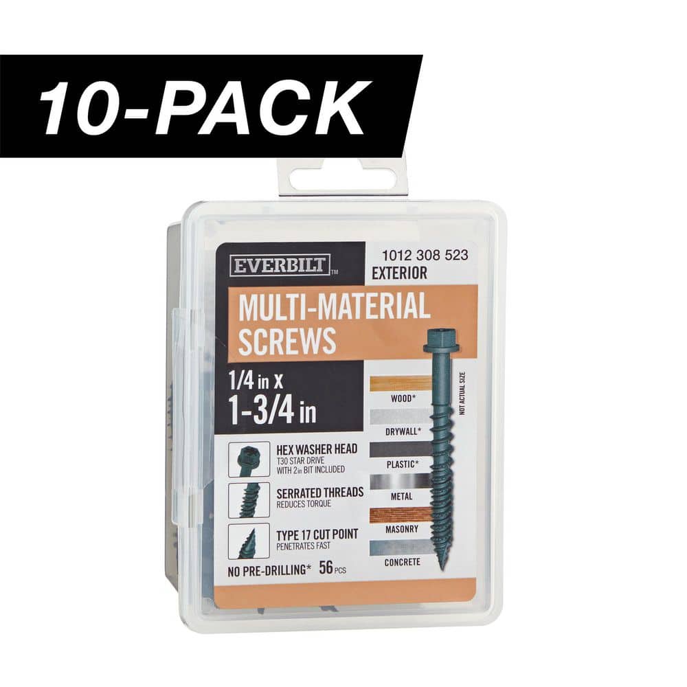 10-Pack 1/4 in x 1-3/4 in. Black 6-Lobe Drive Exterior Washer Hex Head Multi-Material Screw (10 lbs. / 560-Piece ) - Hercitys