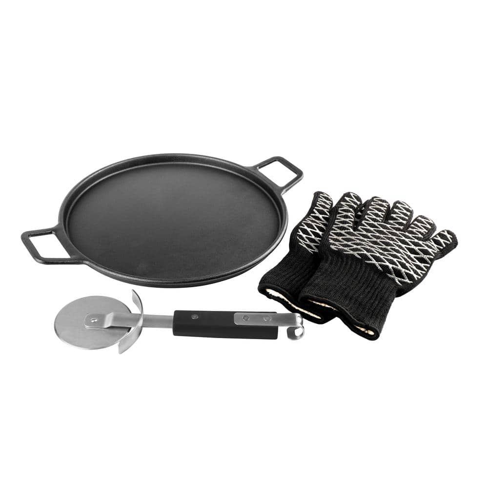 4-Piece Cast Iron Pizza Stone/Round Griddle/Skillet with Handles, Pizza Cutter, Heat Resistant Gloves - Hercitys