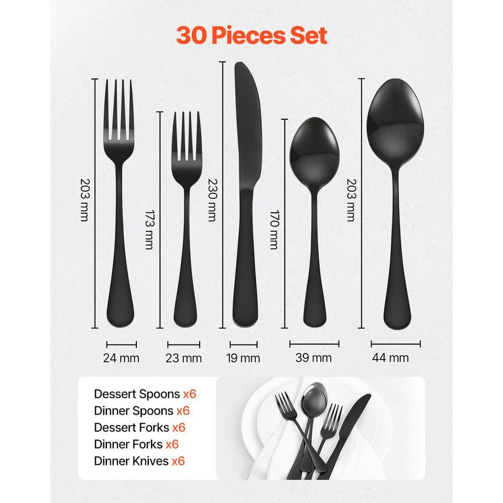 30-Piece Black Silverware Set, Stainless Steel Flatware for 6, Mirror Finish Cutlery, Dishwasher Safe Tableware - Hercitys