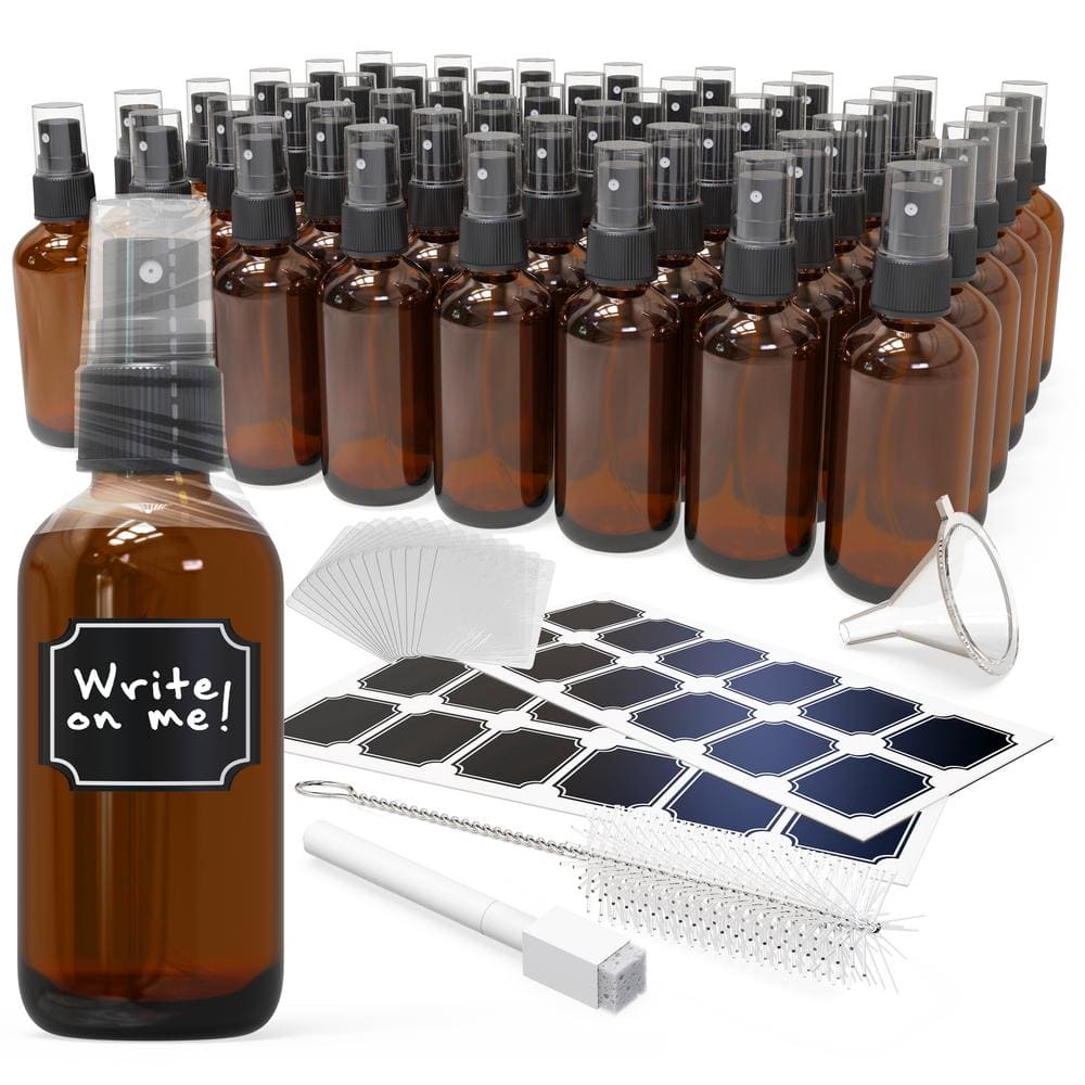 4 oz. Glass Spray Bottles with Funnel, Brush, Marker and Labels – Amber (Pack of 48) - Hercitys