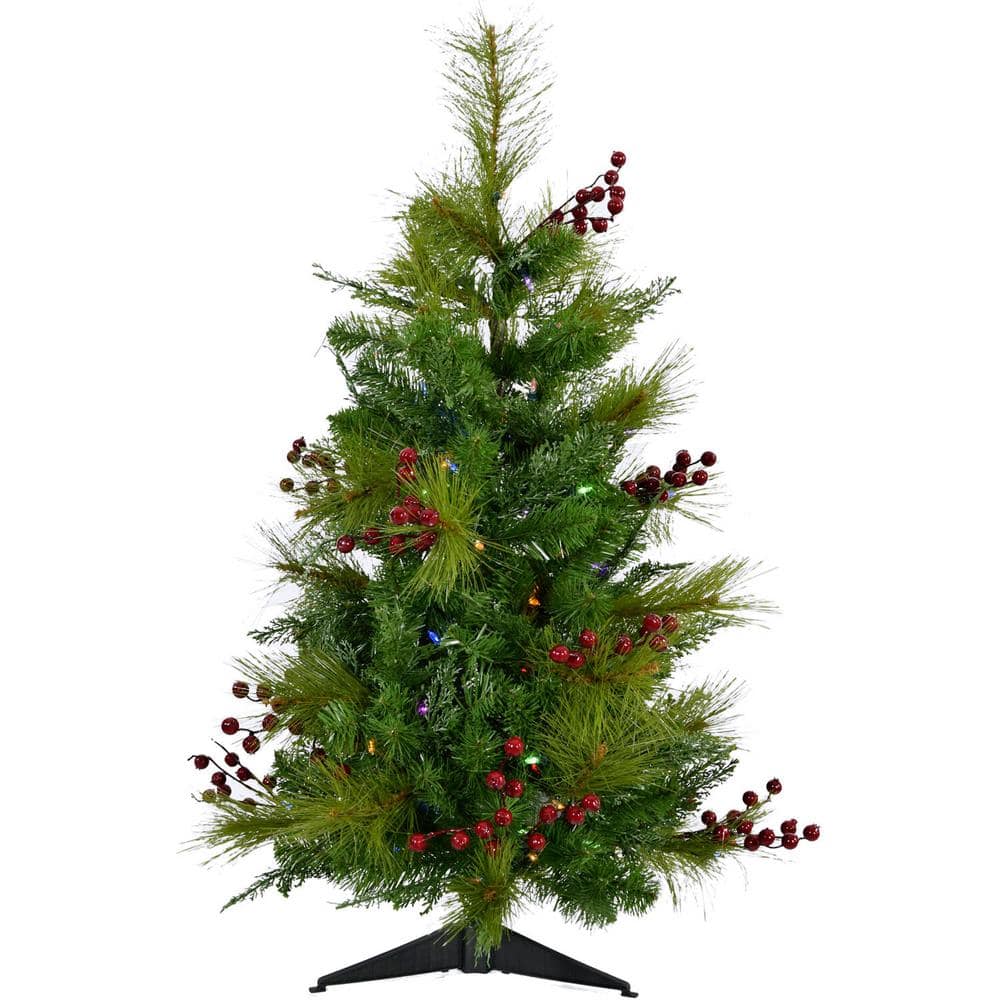 4 ft. Red Berry Mixed Pine Artificial Christmas Tree with Multi-Color LED Lights - Hercitys