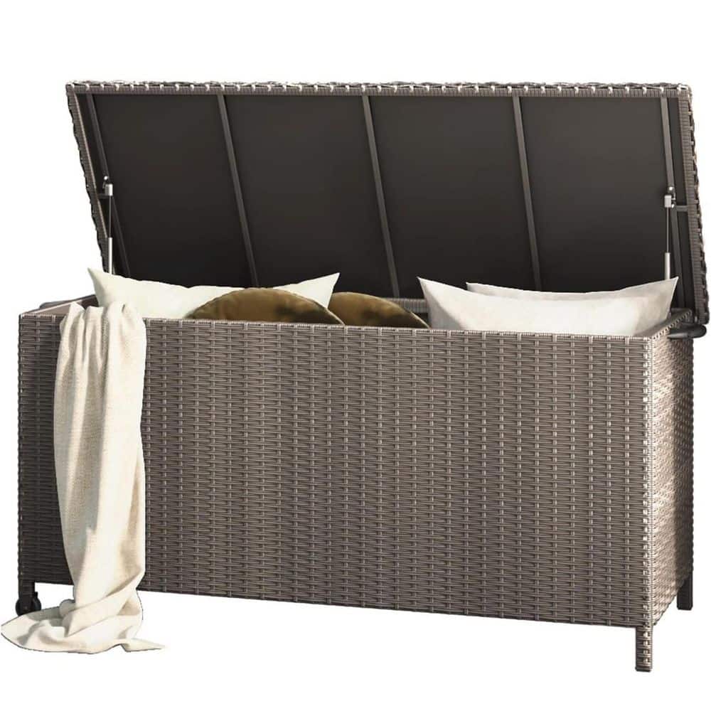 108 Gal. Wicker Deck Box with Wheels, Indoor Outdoor Storage Bin for Patio Cushions Garden Tools Pool Accessories, Gray - Hercitys