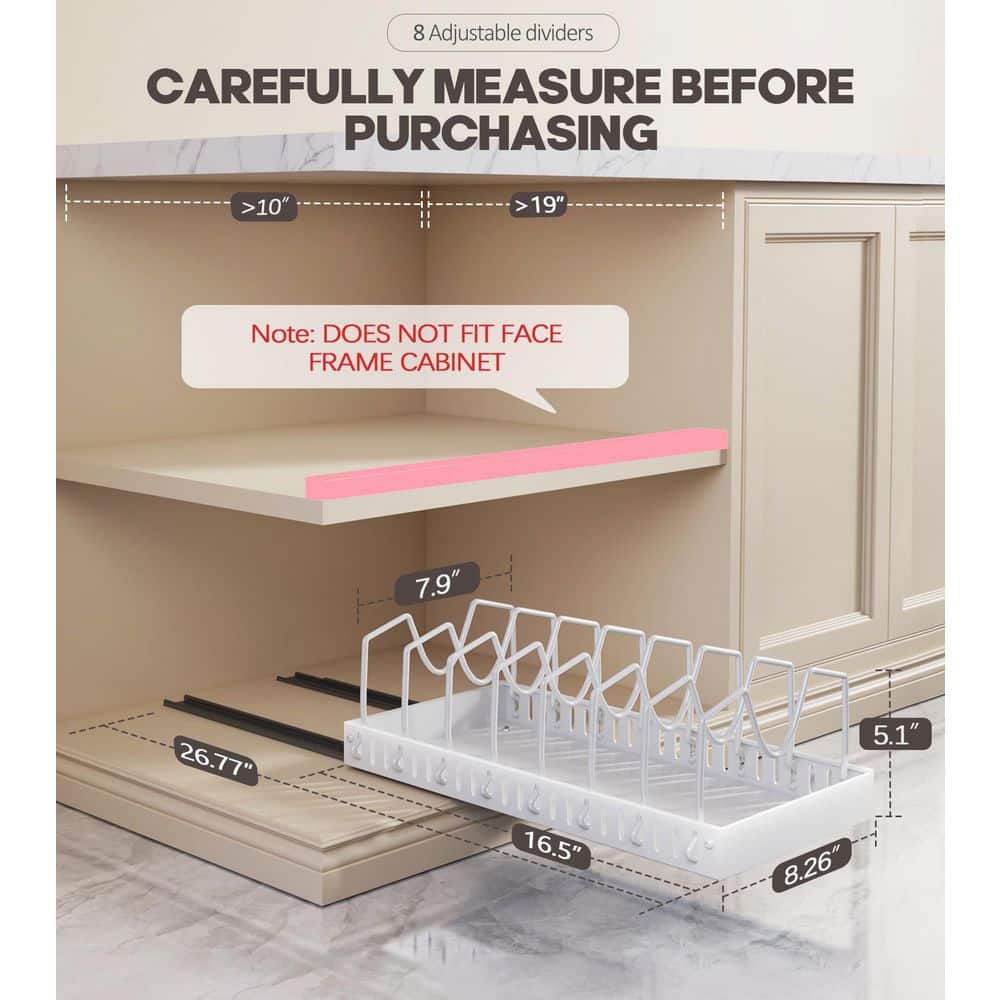 2-Pack White Carbon Steel Pull Out Pot Rack Under Cabinet with 8 Dividers, Slide Out inside Cabinet Storage for Pot Lid - Hercitys