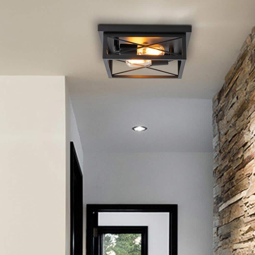 10.75 in. 2-Light Industrial Black Square Flush Mount Ceiling Light with Turnable Light Cap, No Bulb Included (2-Pack) - Hercitys