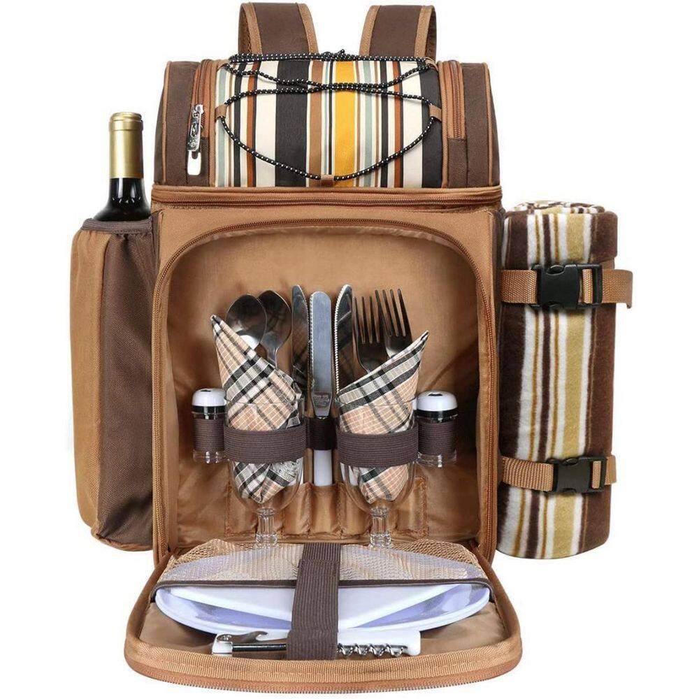 12 in. Blasting Brown Picnic Backpack-2 Insulation Cooler, Wine Rack, Wool Blanket - Hercitys
