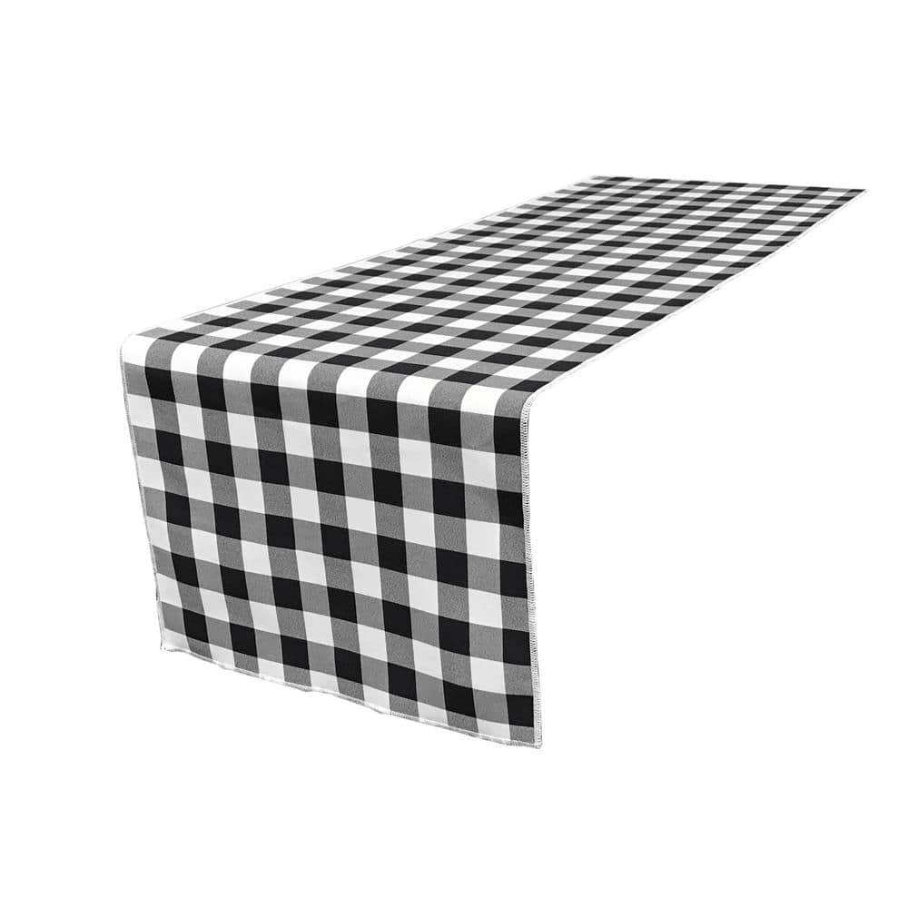 14 in. x 108 in. White and Black Polyester Gingham Checkered Table Runner - Hercitys