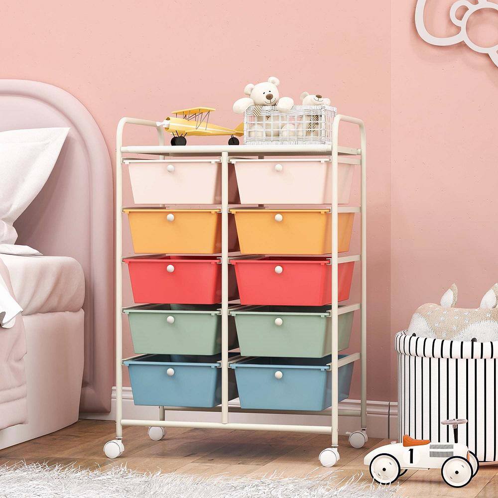 10-Drawer 4-Wheeled Plastic Storage Cart Utility Rolling Trolley Kitchen Office Organizer in Macaron - Hercitys