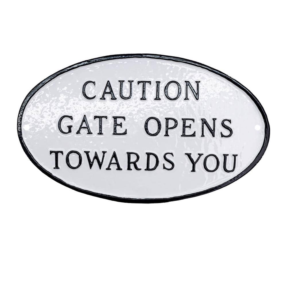 10 in. x 18 in. Large Oval Caution Gate Opens Towards You Statement Plaque Sign – White/Black - Hercitys
