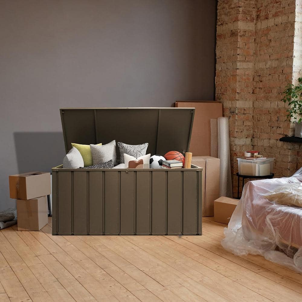 160 Gal. Outdoor Deck Box, Waterproof Lockable Steel Storage Container for Outside Cushions, Garden Tools, Brown - Hercitys