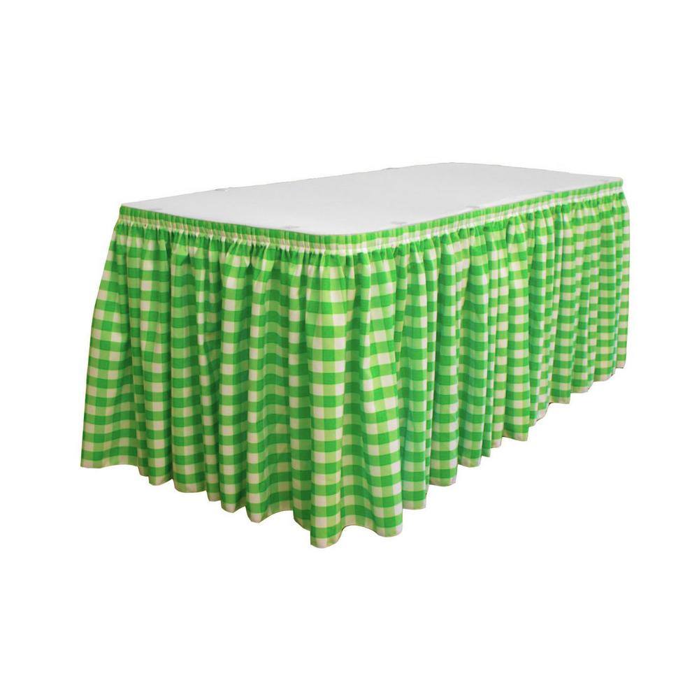 17 ft. x 29 in. Long White and Lime Polyester Gingham Checkered Table Skirt with 10 L-Clips - Hercitys
