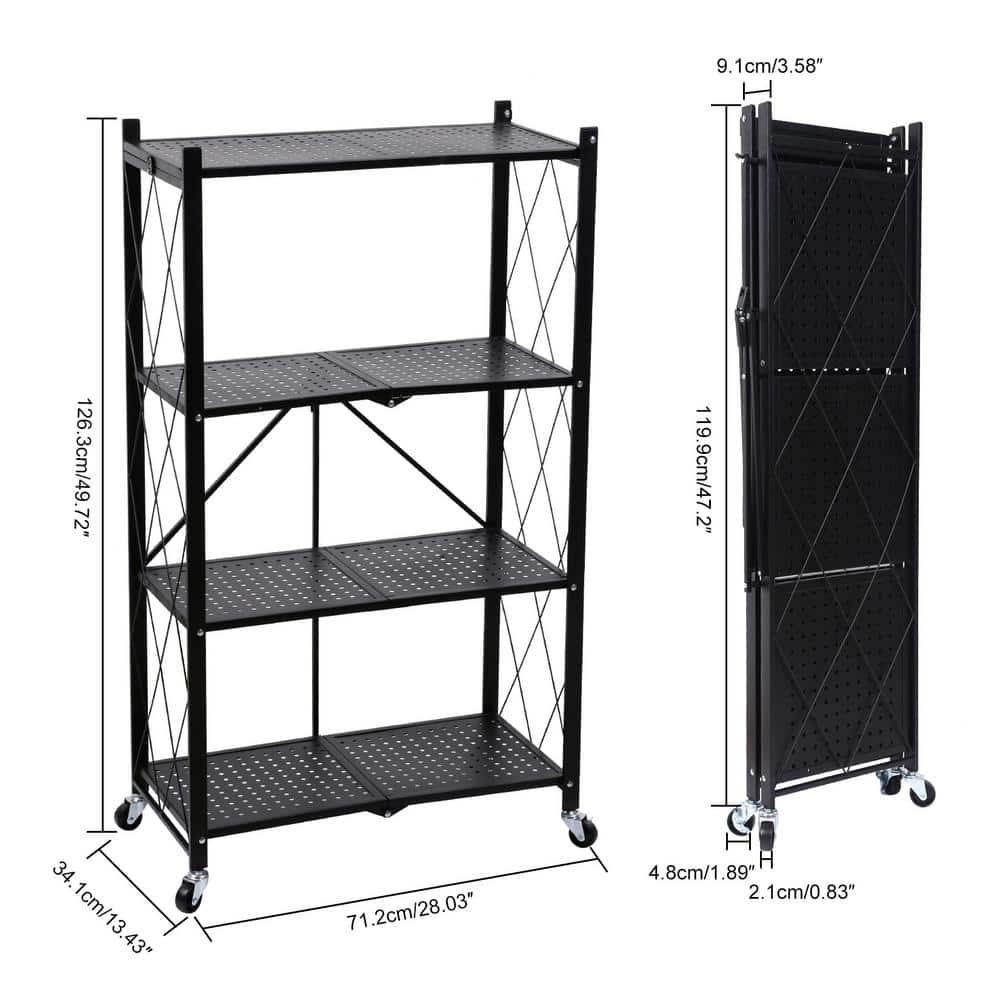 4-Tier Metal Rack Storage Garage Storage Shelving Unit with Wheels in Black (13.43 in. W x 49.72 in. H x 28.03 in. D) - Hercitys