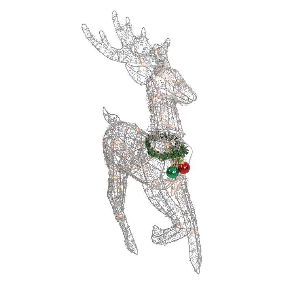 25 in. Lighted Silver Sisal Prancing Reindeer Christmas Outdoor Decoration - Hercitys