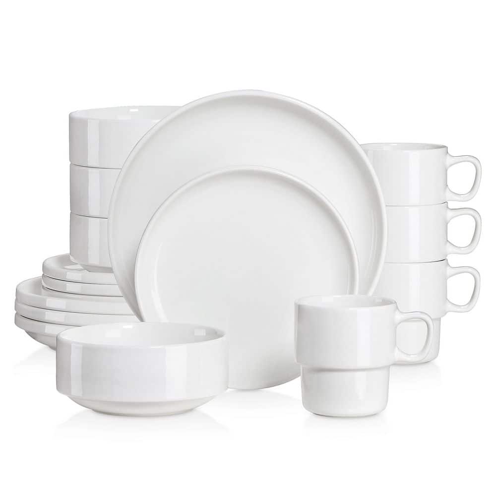 16-Piece White Porcelain Dinnerware Set Service for 4-Dinner Set with Dinner Plates Dessert Plates Cereal Bowls and Mugs - Hercitys