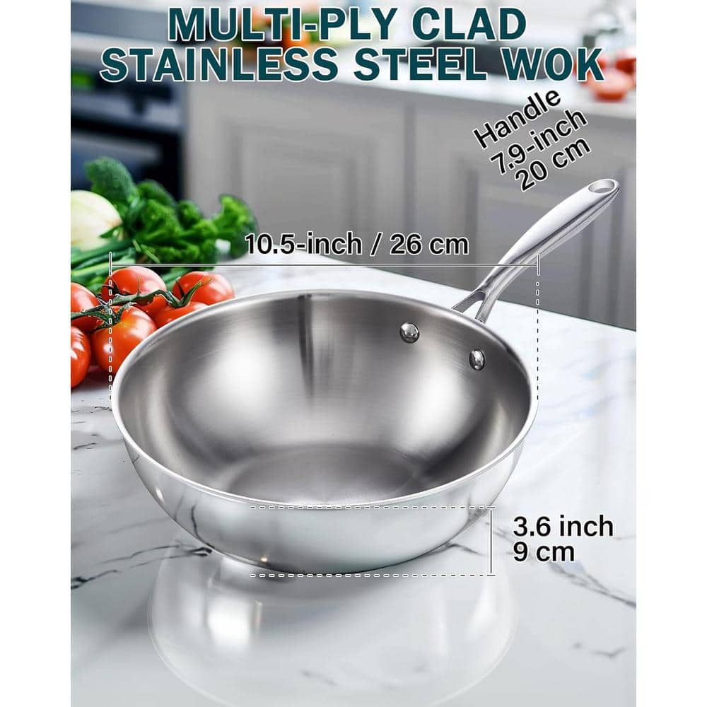 10.5 inch Multi-Ply Clad Stainless Steel Wok with Lid, Induction Compatible - Hercitys