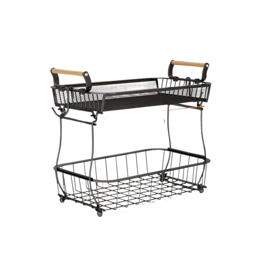 2 Tier Fruit Basket with 2 Banana Hangers for Kitchen Counter Metal Mesh Basket Fruits Stand in Black - Hercitys