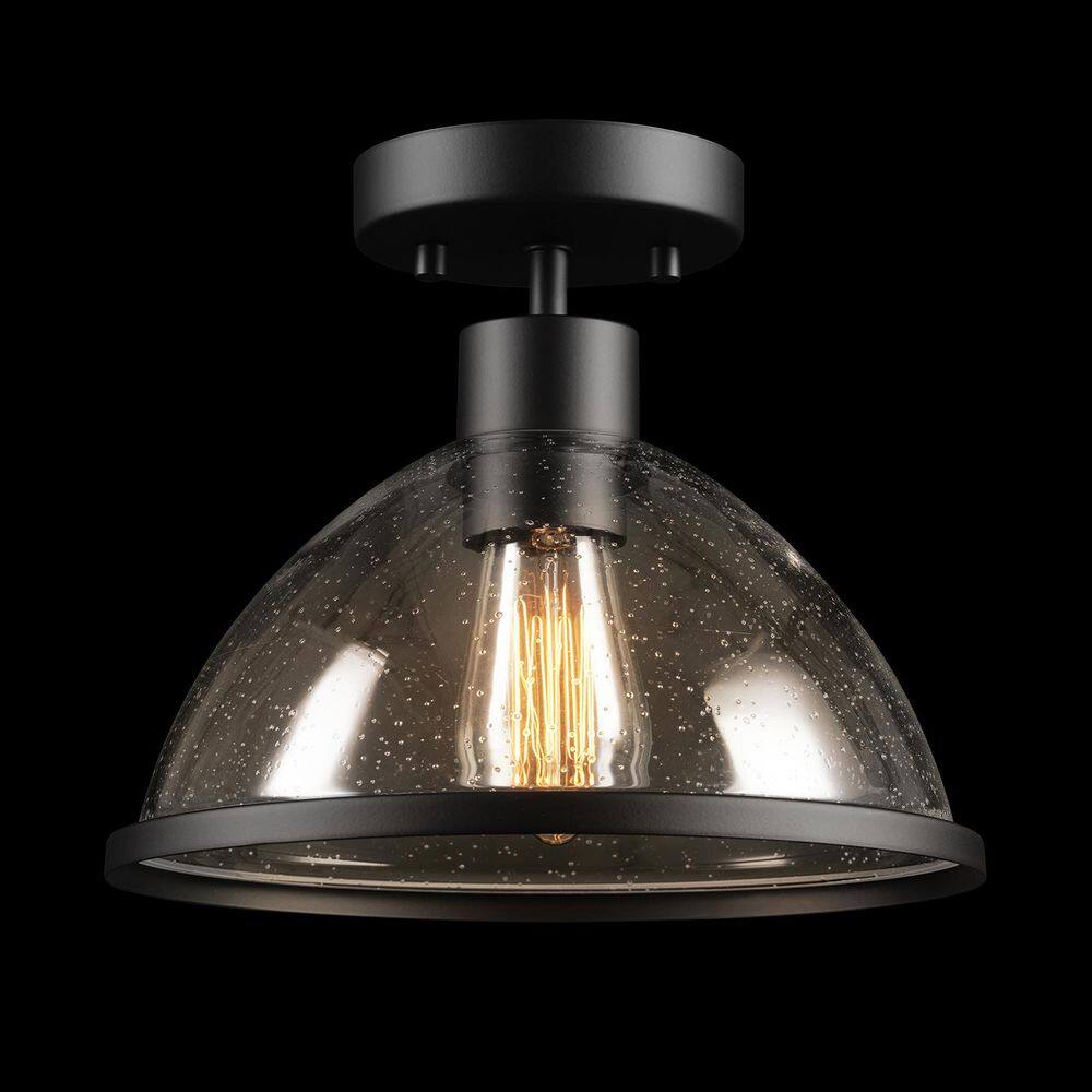 1-Light Matte Black Outdoor 10.38 Inch Flush Mount Ceiling Light with Seeded Glass Shade - Hercitys