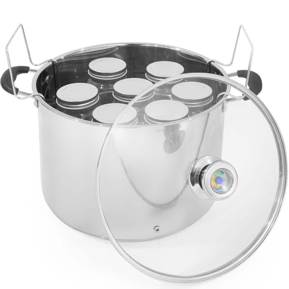 20 qt. Water Bath Silver Stainless Steel Gas Electric Stock Pots with Temperature Indicator and Canning Jars - Hercitys