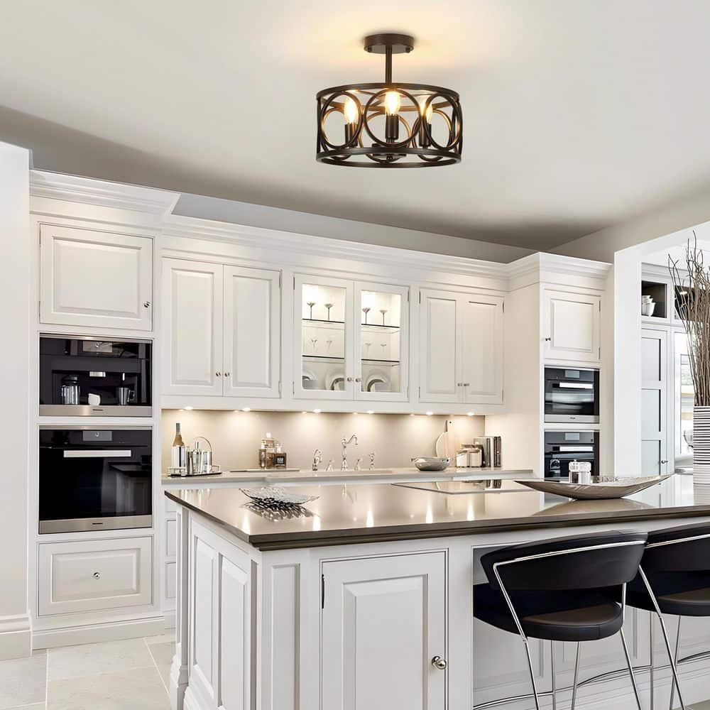 13 in. 3-Light Black Cage Drum Semi-Flush Mount Ceiling Light Fixtures Industrial Farmhouse Style for Kitchen Island - Hercitys