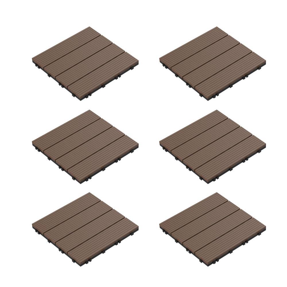 12 in. x 12 in. Brown Outdoor Interlocking Slat Polypropylene Patio and Deck Tile Flooring (Set of 6) - Hercitys