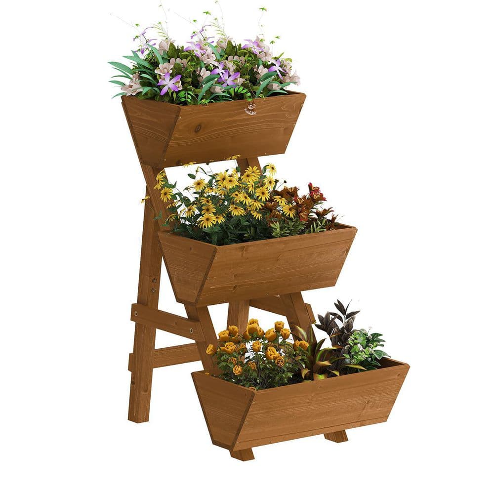 3-Tiers Wooden Raised Garden Bed, Wood Planter Box for Indoor and Outdoor, Brown - Hercitys