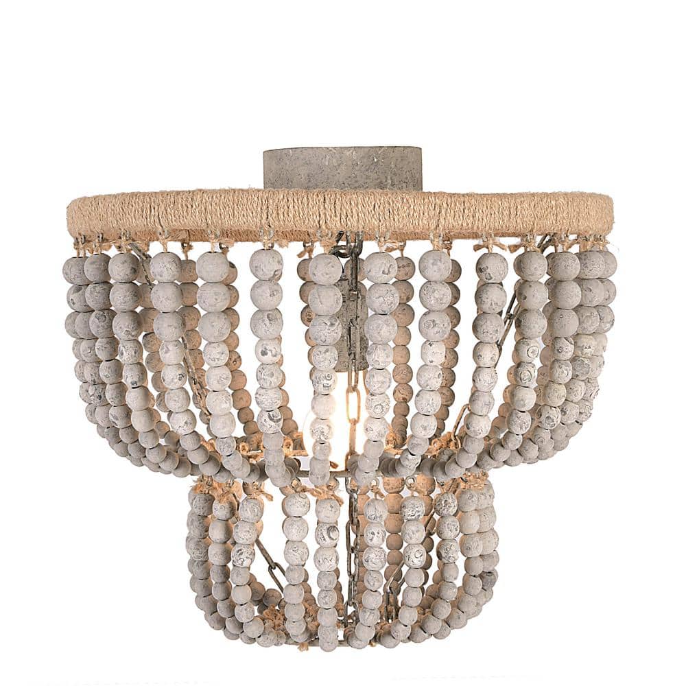 1-Light Distressed Grey 2-Tier Draped Chandelier with Wood Bead Shade - Hercitys