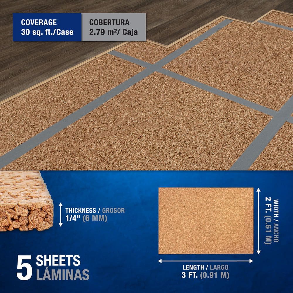 30 sq. ft. 2 ft. Wide x 3 ft. Long x 6mm Thick Natural Cork Sound Dampening Underlayment Sheets (5-Pack) - Hercitys