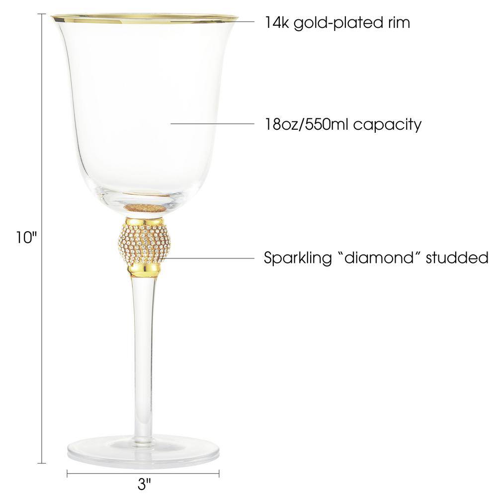 (Set of 6) Luxurious Rose and White 18 oz. Wine Glass with Dazzling Rhinestone Design and Gold tone Rim - Hercitys
