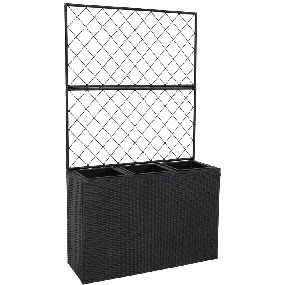 3-Section Plastic Wicker Planter Box with Trellis-Black - Hercitys