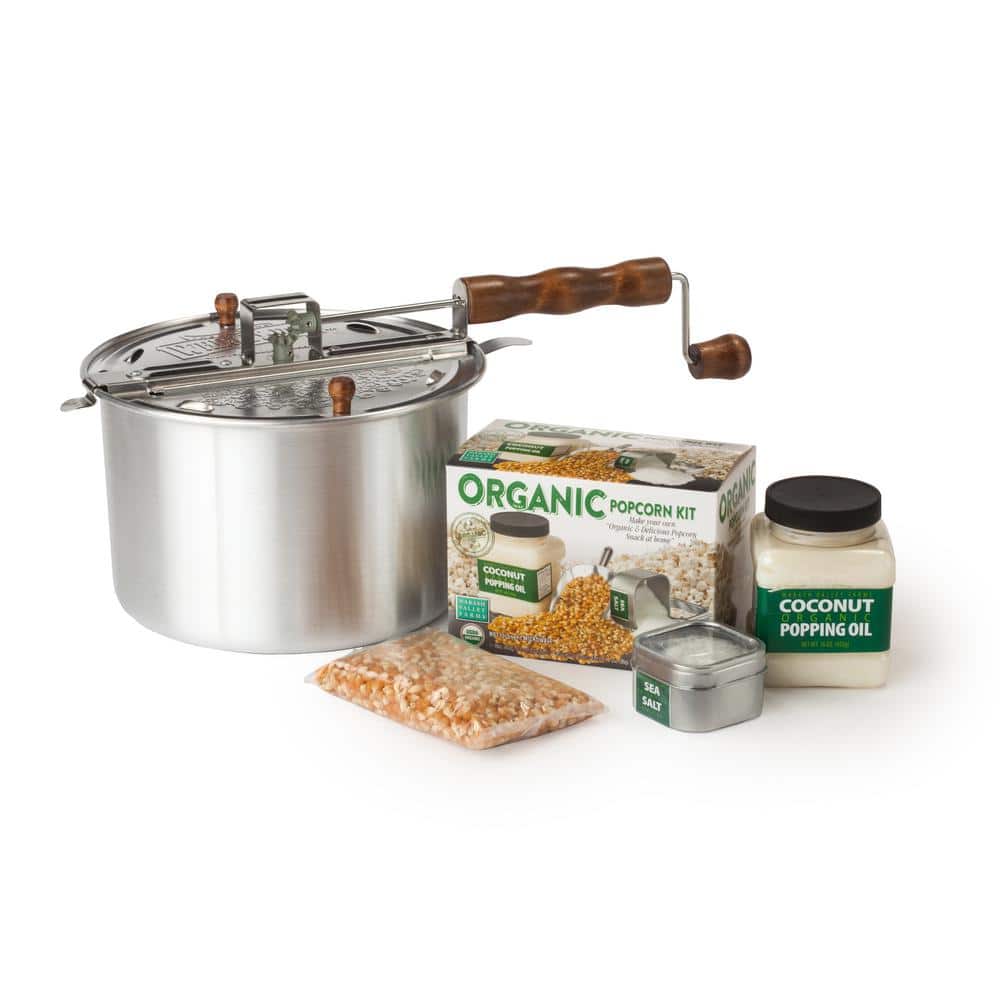 4-Piece Aluminum Silver Stovetop Popcorn Popper Set with DIY Organic Popcorn Kit - Hercitys