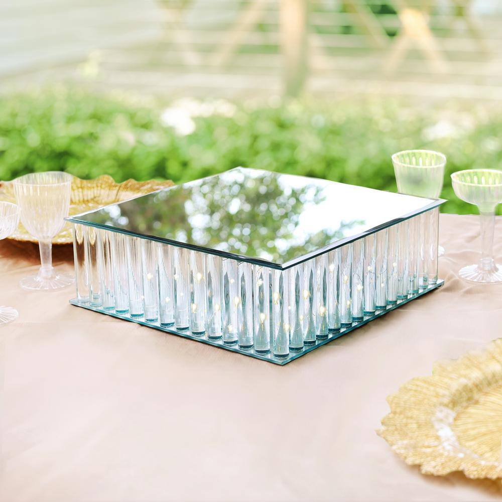 1-Tier Clear Square Mirror LED Fairy Light Up Glass Columns Cake Stand Dessert Display Tray 12 in. - Hercitys