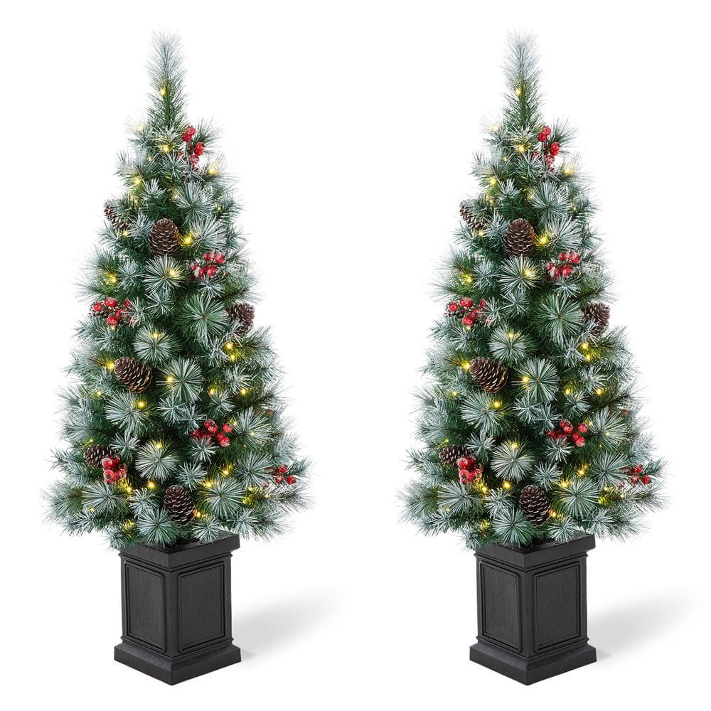 4 ft. Pre-Lit Pine Artificial Christmas Tree Porch Tree with 80 Warm White Lights, Pinecones and Red Berries (Set of 2) - Hercitys