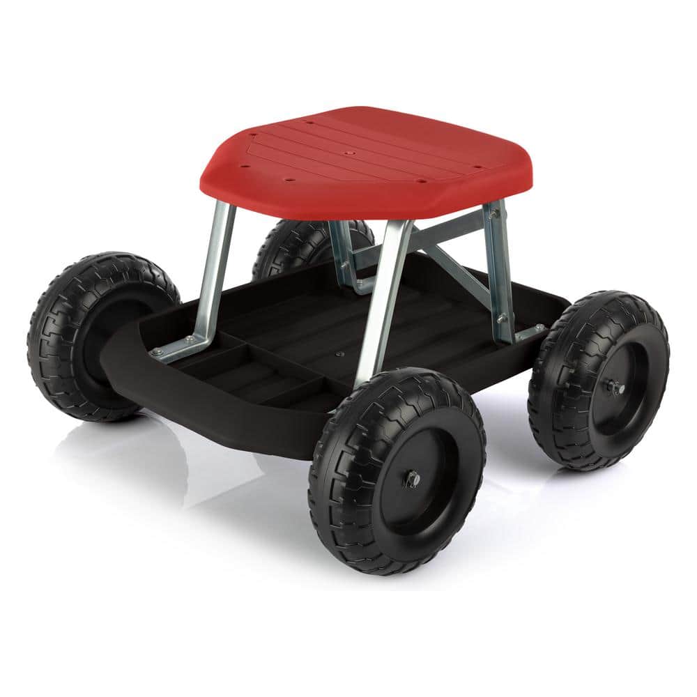 2.42 cu. ft. Red and Black Plastic Gardening Stool-Rolling Garden Seat with Wheels and Storage Tool Tray-Garden Cart - Hercitys