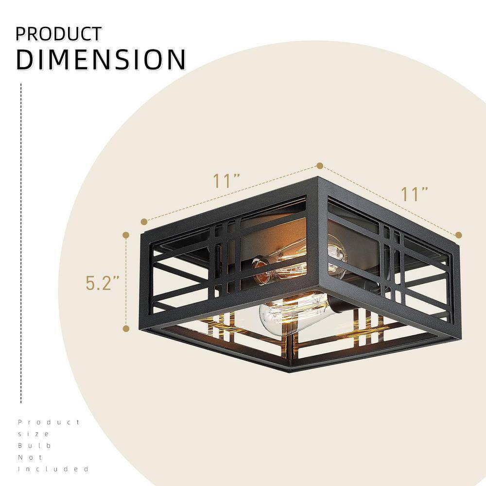 11 in. 2-Light Black Modern Flush Mount with Clear Glass and No Bulbs Included - Hercitys