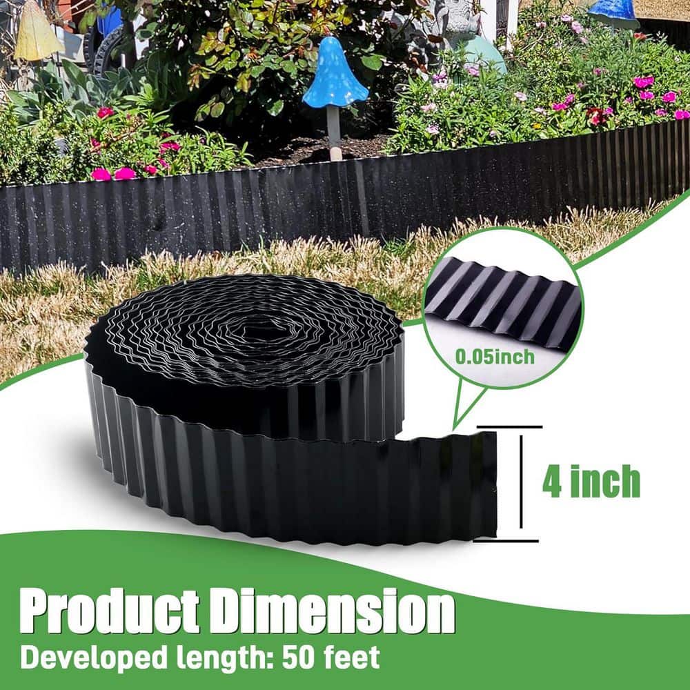 4 in. x 50 ft. Flexible Corrugated Metal Garden Edging Black Galvanized Edging for DIY Flower Beds and Lawn - Hercitys