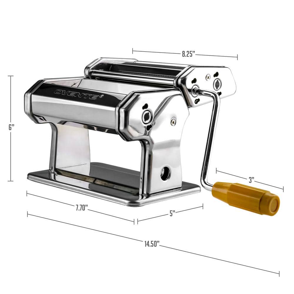 150 mm Silver Stainless Steel Manual Pasta Maker with 7 Thickness Settings and 3 Premium Attachments - Hercitys