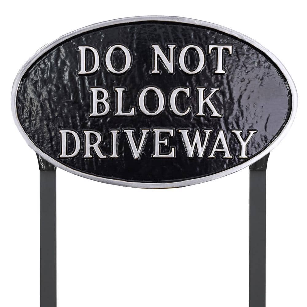 10 in. x 18 in. Large Oval Do Not Block Driveway Statement Plaque Sign with Lawn Stakes-Black/Silver - Hercitys