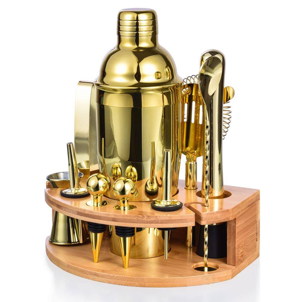 12-Piece 25 oz. Gold Cocktail Shaker Set, Stainless Steel Bar Tool Set, Bartender Kit with Stylish Bamboo Stand - Hercitys