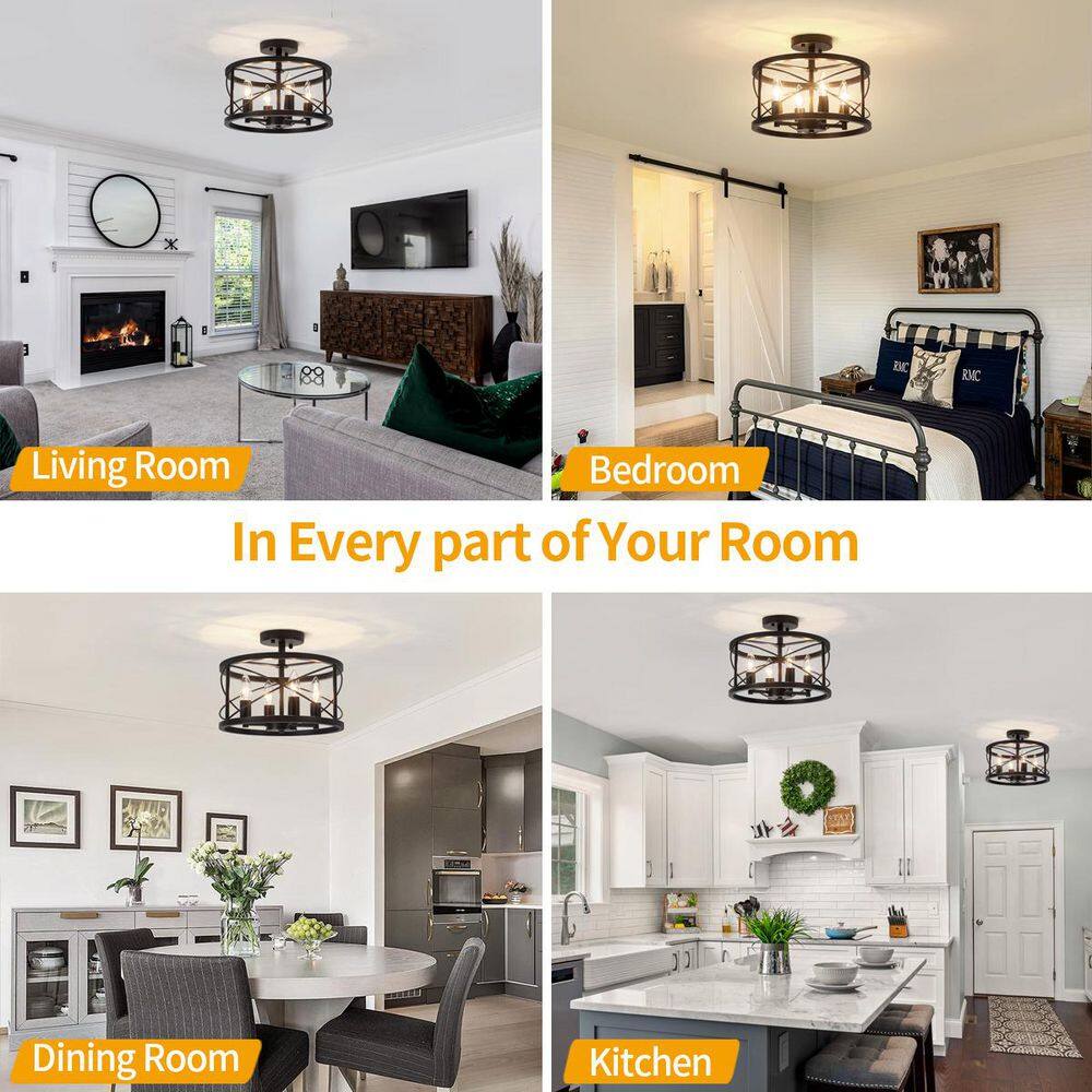 13 in. 4-Light Black Drum Semi Flush Mount Ceiling Light with No Bulbs Included - Hercitys