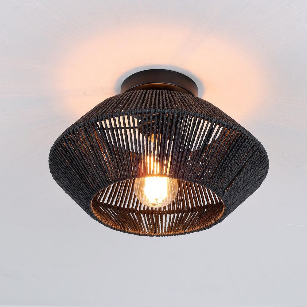 13 in. 1-Light Black Rattan Cage Farmhouse Semi-Flush Mount for Dining Room Bedroom Entrance - Hercitys