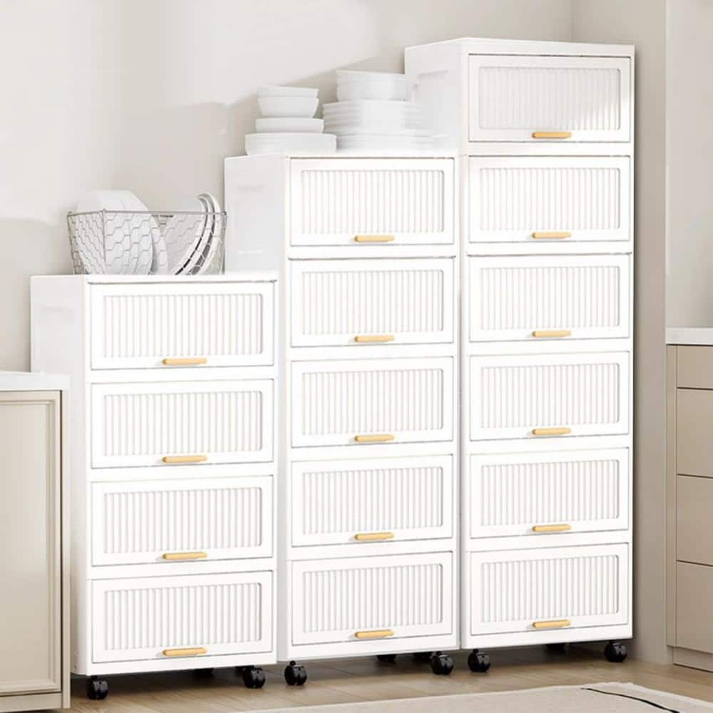 5-Layers Flip Open Storage Box With Wheels, Movable Storage Cabinet, Kitchen Shelf, Movable Storage Box-White - Hercitys