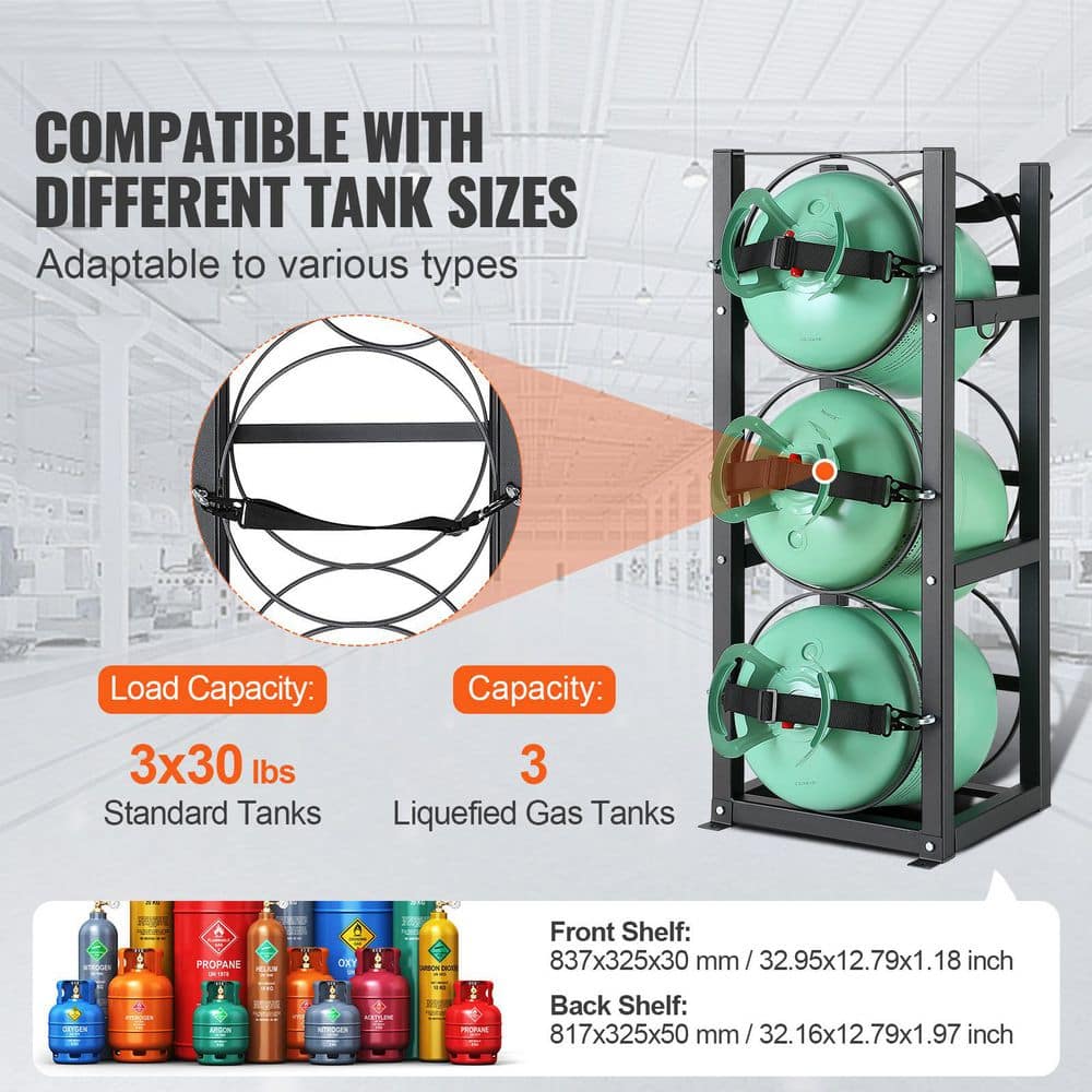 3-Tiers Steel Black 12 in. W with 3 x 30 lbs. Refrigerant Tank Rack Cylinder Saving Capacity Cylinder Tank Rack - Hercitys