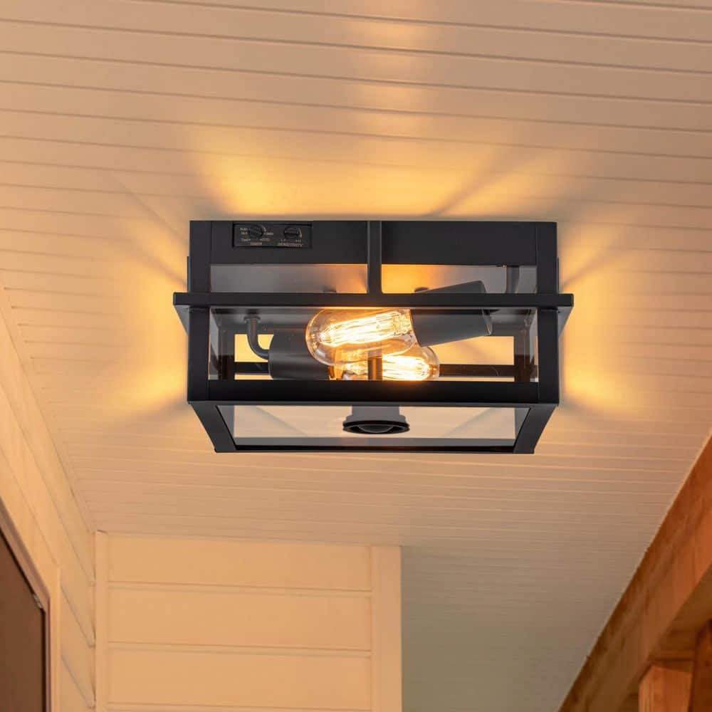 11 in. 2-Light Black Motion Sensing Dusk to Dawn Non-Dimmable No Bulb Included Outdoor Flush Mount Ceiling Light, 1-Pack - Hercitys