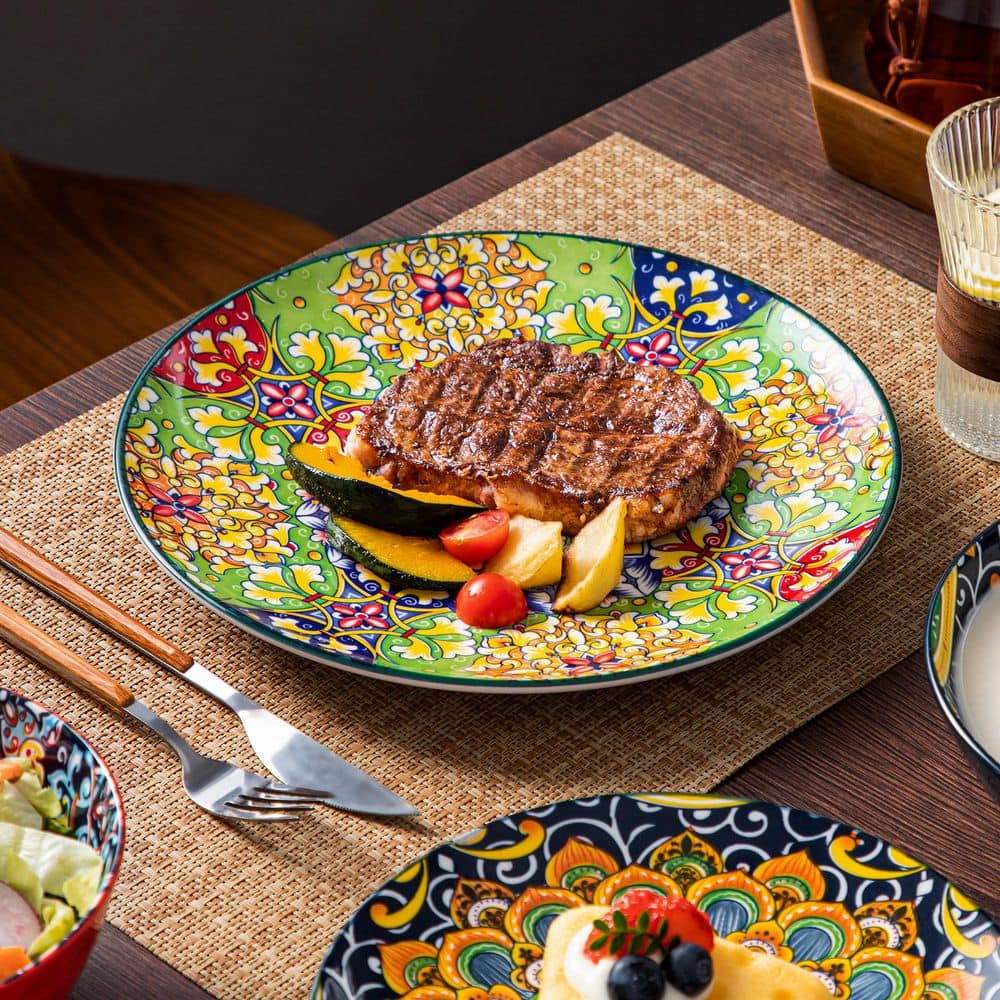 16-Piece Bohemian Multi-Colored Stoneware Dinnerware Set Service for 4-Bowls and Plates Set Tableware - Hercitys