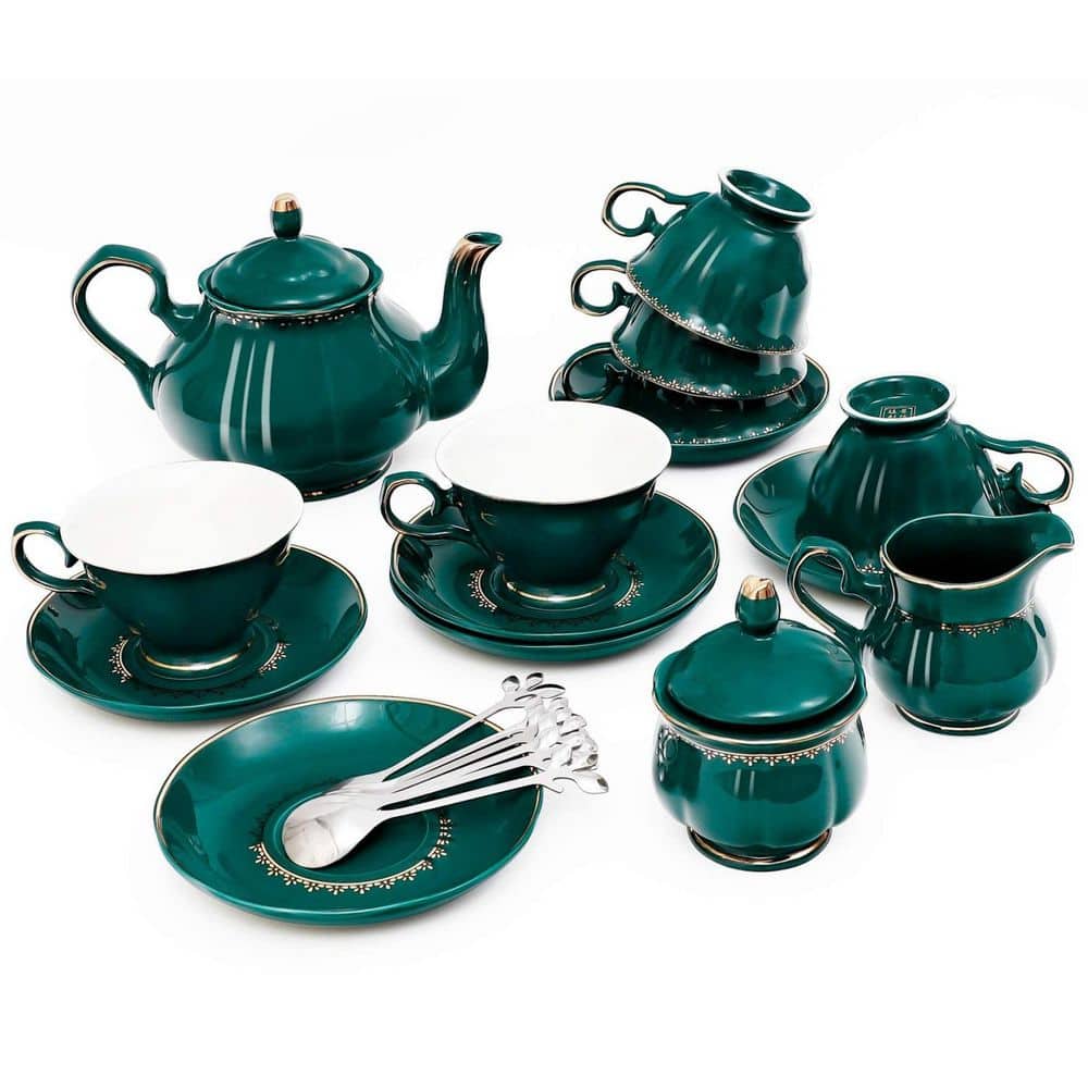 22-Piece Dark Green Porcelain Ceramic Tea Set with Teapot, Sugar Bowl, Creamer Pitcher and Teaspoons - Hercitys