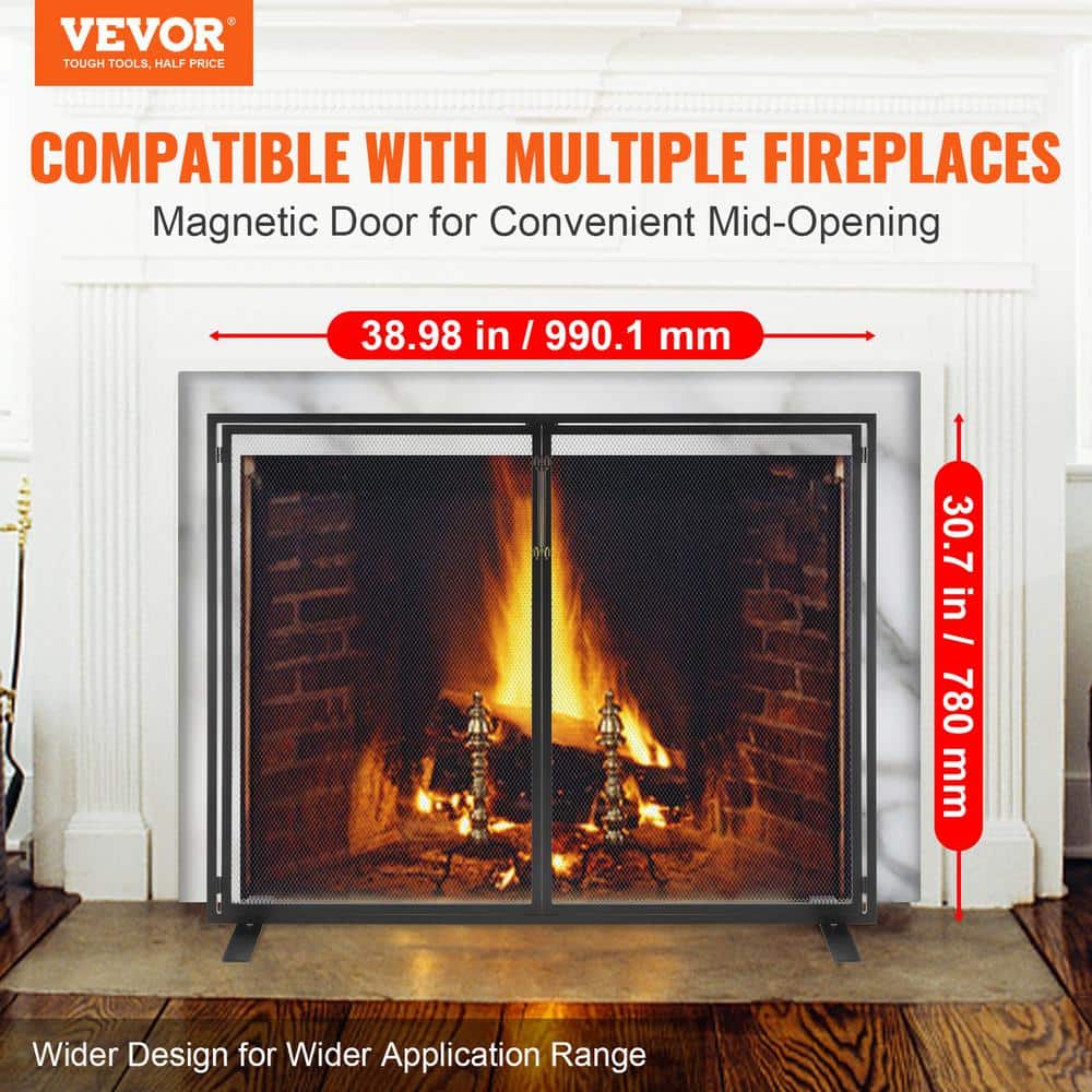 1-Panel Fireplace Screen 38.98 in. L x 30.7 in. H Sturdy Iron Mesh Fireplace Screen Free Standing Fire Fence Grate - Hercitys